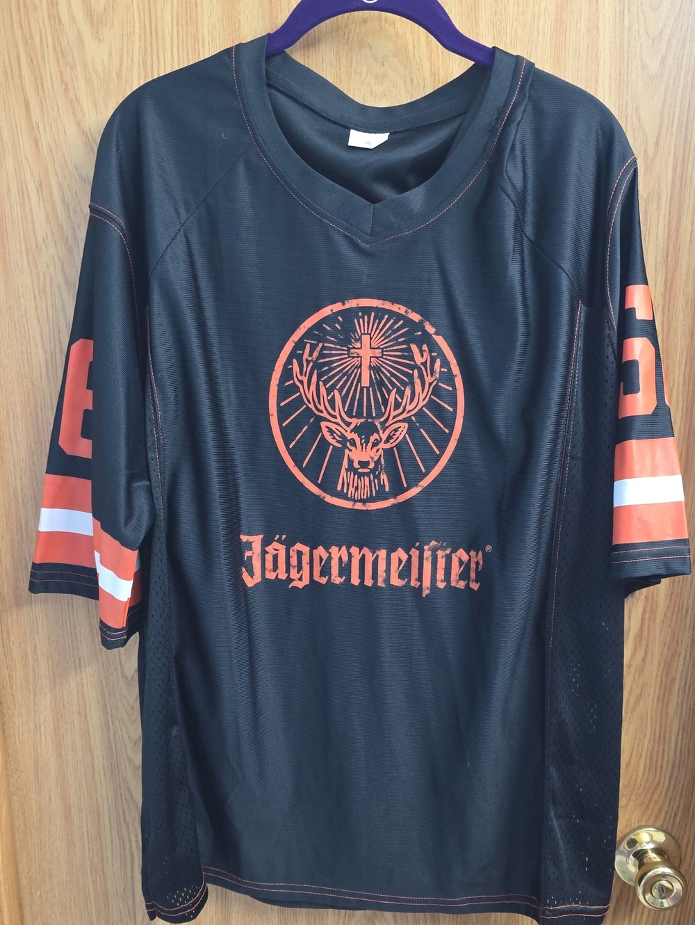 Jagermeister Black Shirt with Orange Logo and Sleeve Stripes